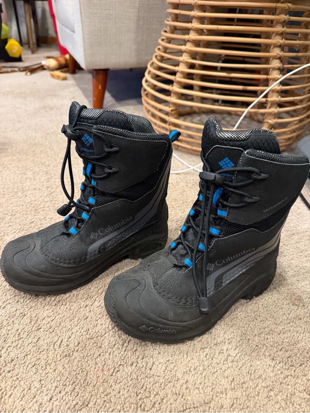 Columbia Kids Black and Blue Waterproof Snow Boots